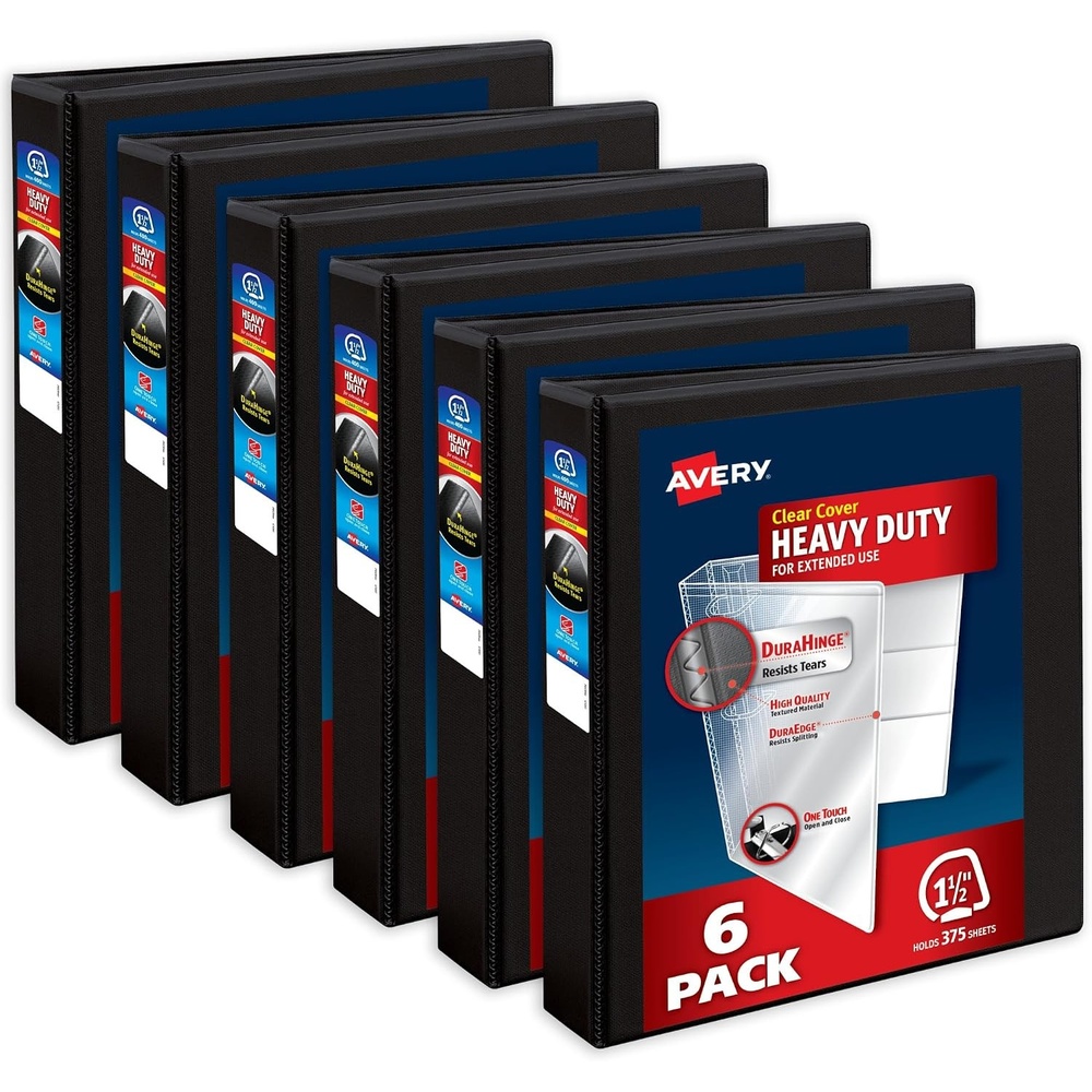 image:imageAvery HeavyDuty View 3 Ring Binders 15 Inch One Touch Slant Rings 375Sheet Capacity DuraHinge 21 Inch Wide Spine Customizable Clear Cover and Spine Black Binders 6Pack of 79097