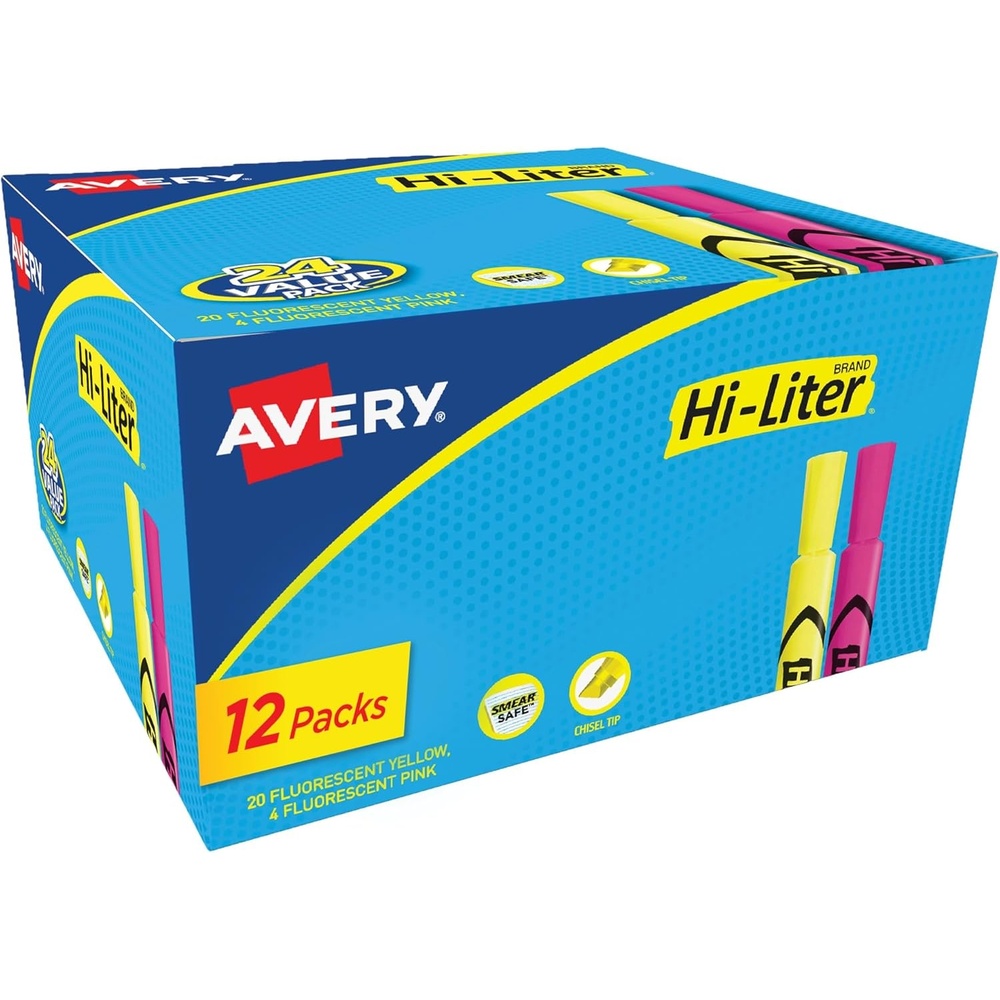 image:imageAvery HiLiter DeskStyle Highlighters Smear Safe Ink Chisel Tip Assorted Colors Yellow Pink Green and Orange 4 Highlighters per Pack 144 Total 36Pack of 24063288 highlighters 12 packs