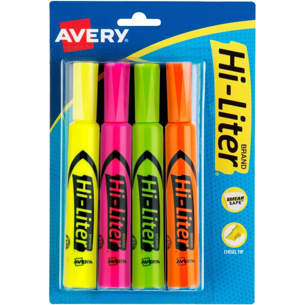image:imageAvery HiLiter DeskStyle Highlighters Smear Safe Ink Chisel Tip Assorted Colors Yellow Pink Green and Orange 4 Highlighters per Pack 144 Total 36Pack of 240634 highlighters