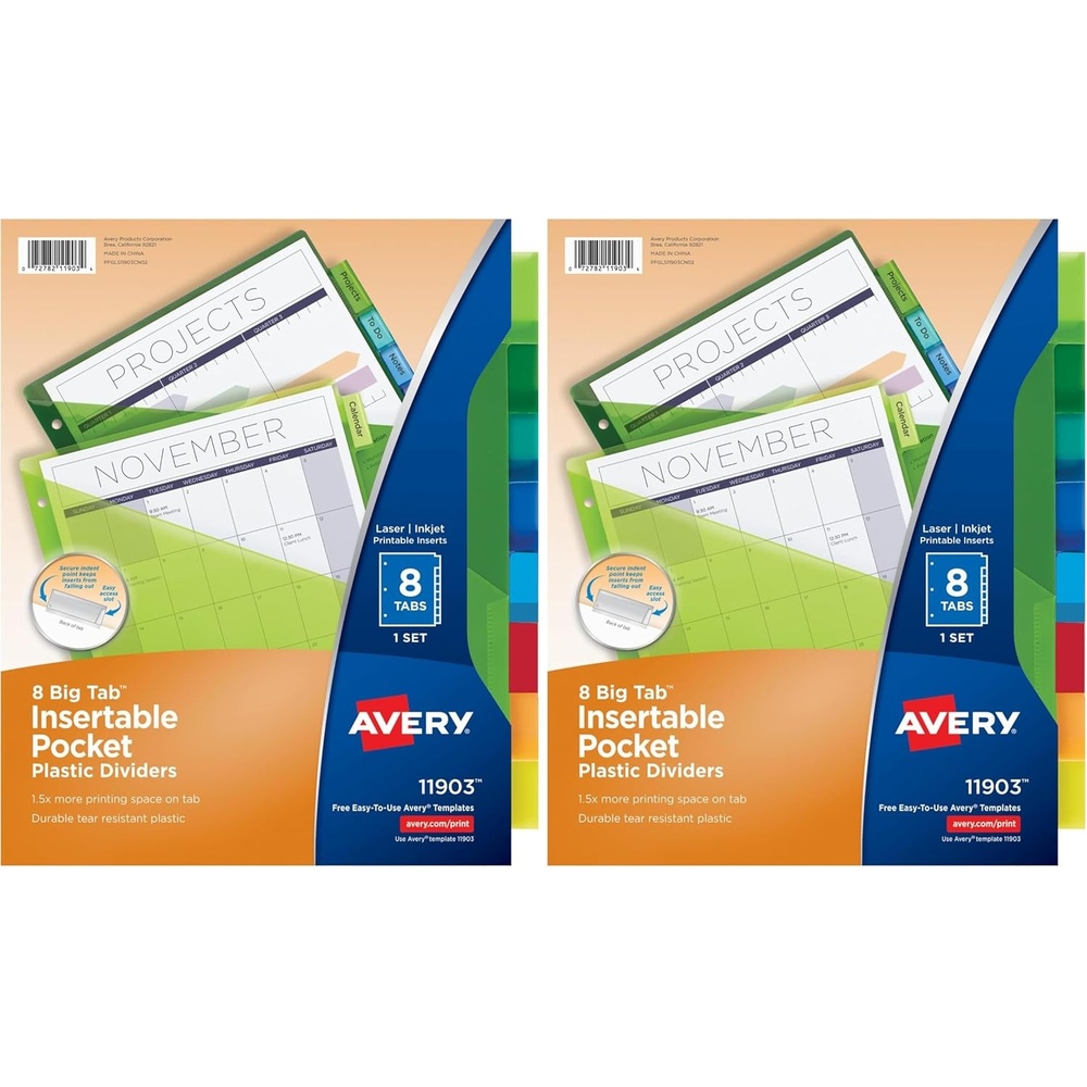 image:imageAvery Insertable Plastic Dividers for 3 Ring Binders 8 Tabs per Set Big Tabs One Pocket Multicolor Binder Dividers Works with Sheet Protectors 119032Pack