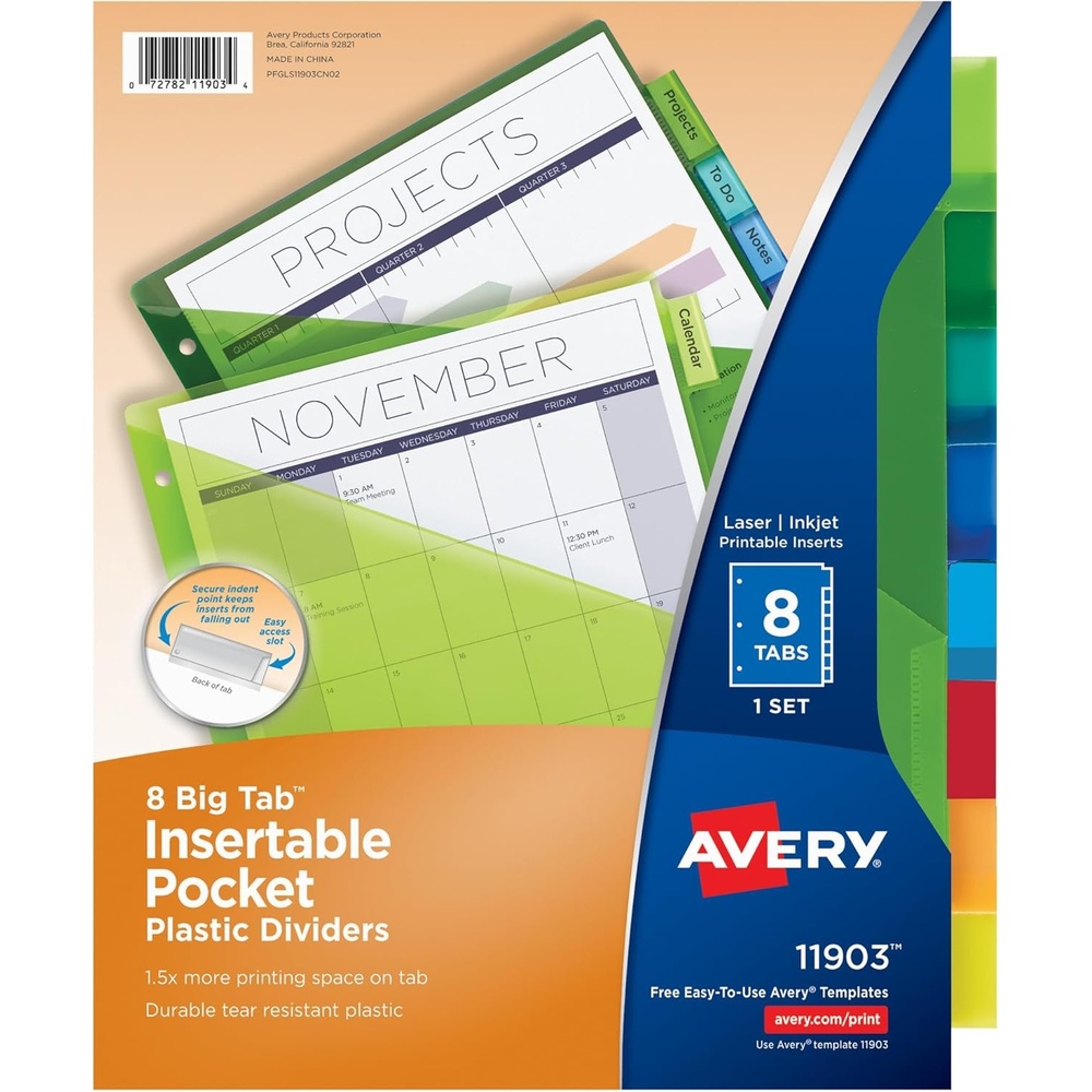 image:imageAvery Insertable Plastic Dividers for 3 Ring Binders 8 Tabs per Set Big Tabs One Pocket Multicolor Binder Dividers Works with Sheet Protectors 24 Sets of 11903