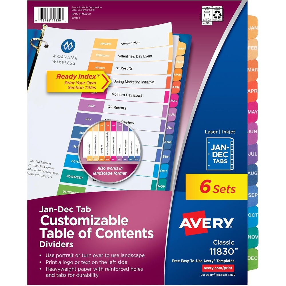 image:imageAvery JanDec Dividers for 3 Ring Binders 12 Tabs per Set Customizable Table of Contents Multicolor Tabs Great for Organizing Reports Projects and More 24 Sets of 111271 Ct Pack of 1