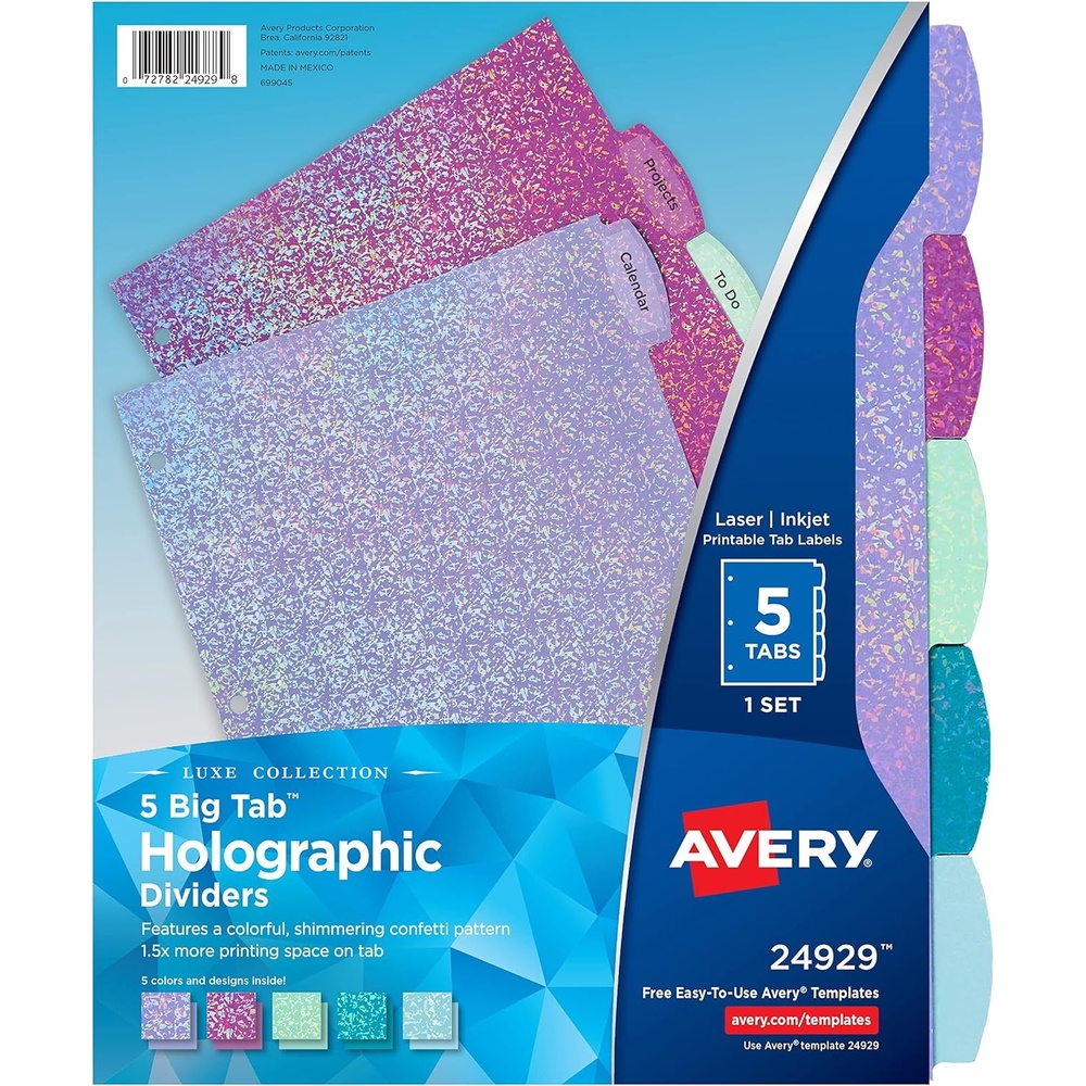 image:imageAvery Luxe Collection Holographic Big Tab Fashion Dividers for 3 Ring Binders 5 Tab Set Confetti Pattern 1 Set 249290