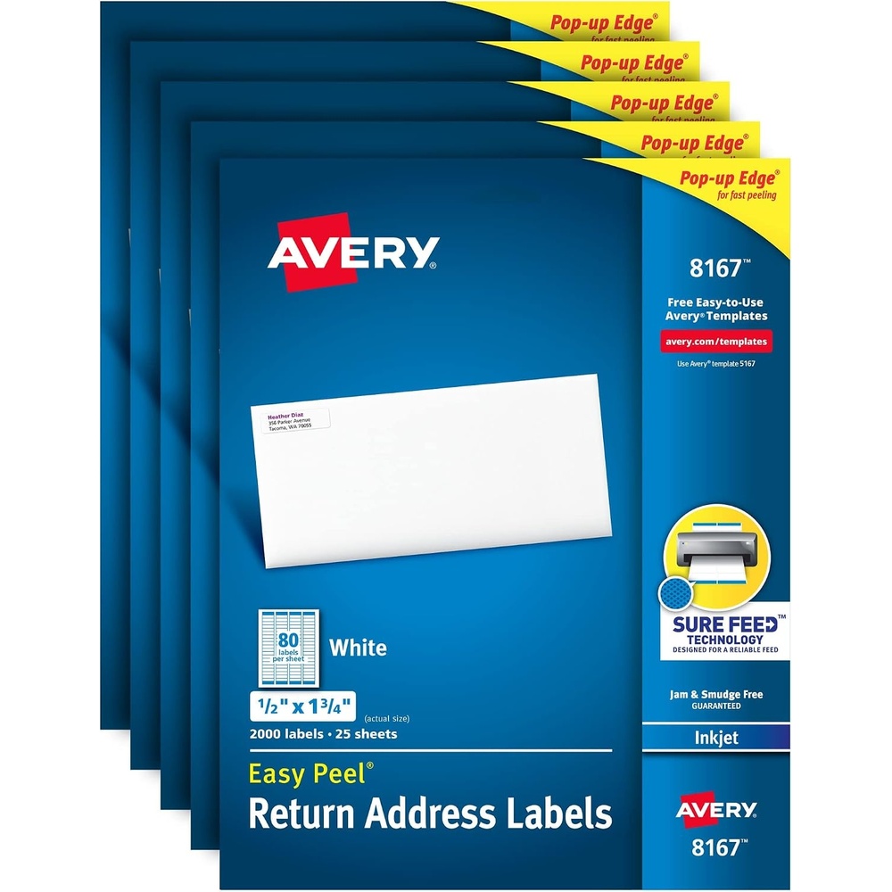 image:imageAvery Mailing Address Labels Inkjet Printers 10000 Labels 12 x 134 Permanent Adhesive Easy Peel 5 Packs 8167