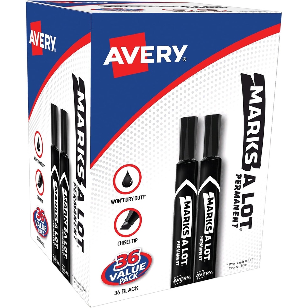 image:imageAvery MarksALot Large DeskStyle Chisel Tip Value Pack 36 Black Permanent Markers are perfect for signs and posters 9820636 Count Pack of 1