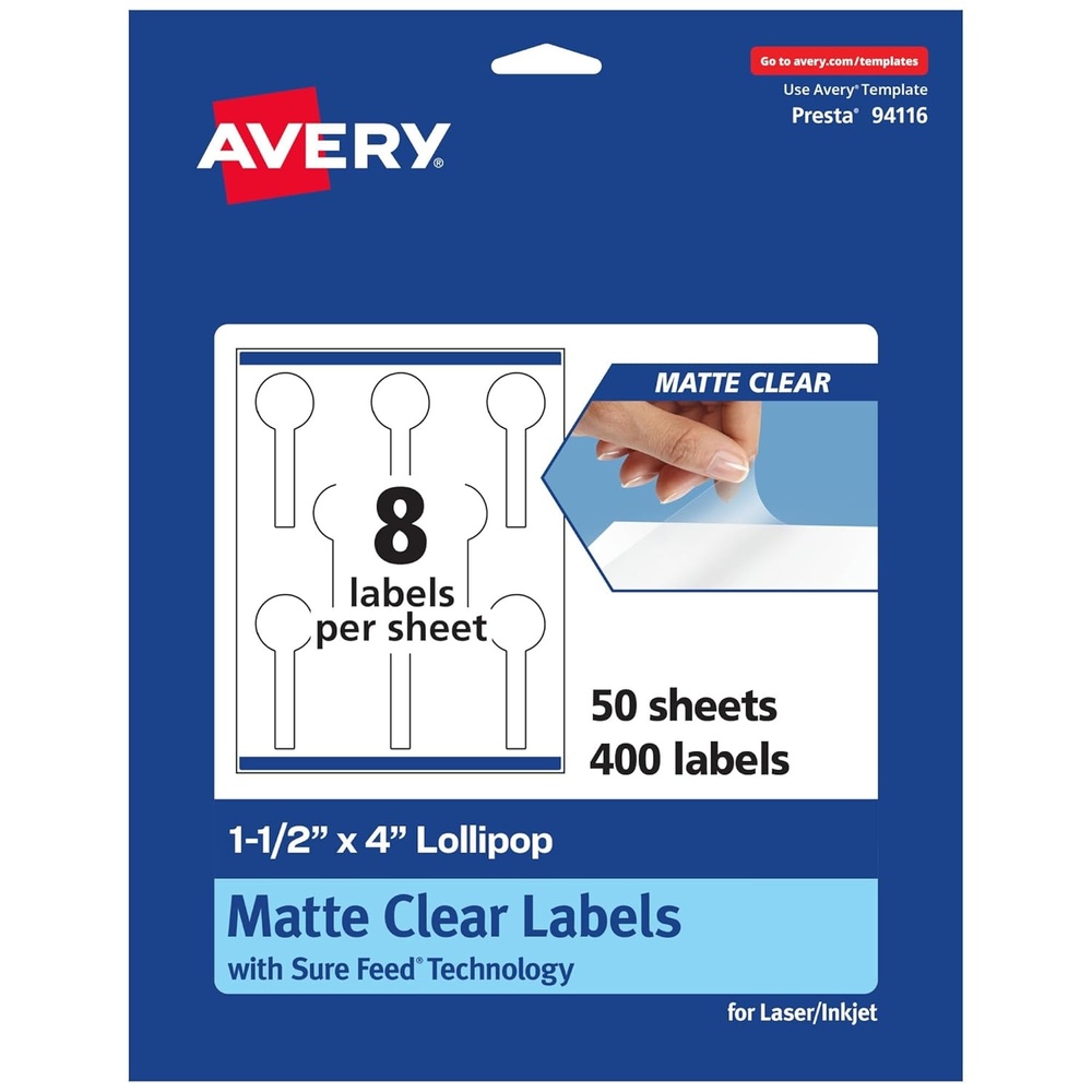 image:imageAvery Matte Clear Lollipop Labels Sure Feed Technology 15 x 4 200 Matte Clear Labels PrinttoTheEdge LaserInkjet Printable400 labels