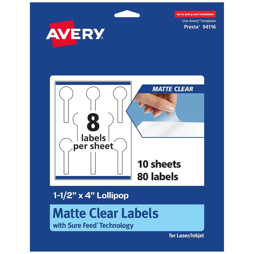 image:imageAvery Matte Clear Lollipop Labels Sure Feed Technology 15 x 4 200 Matte Clear Labels PrinttoTheEdge LaserInkjet Printable80 labels
