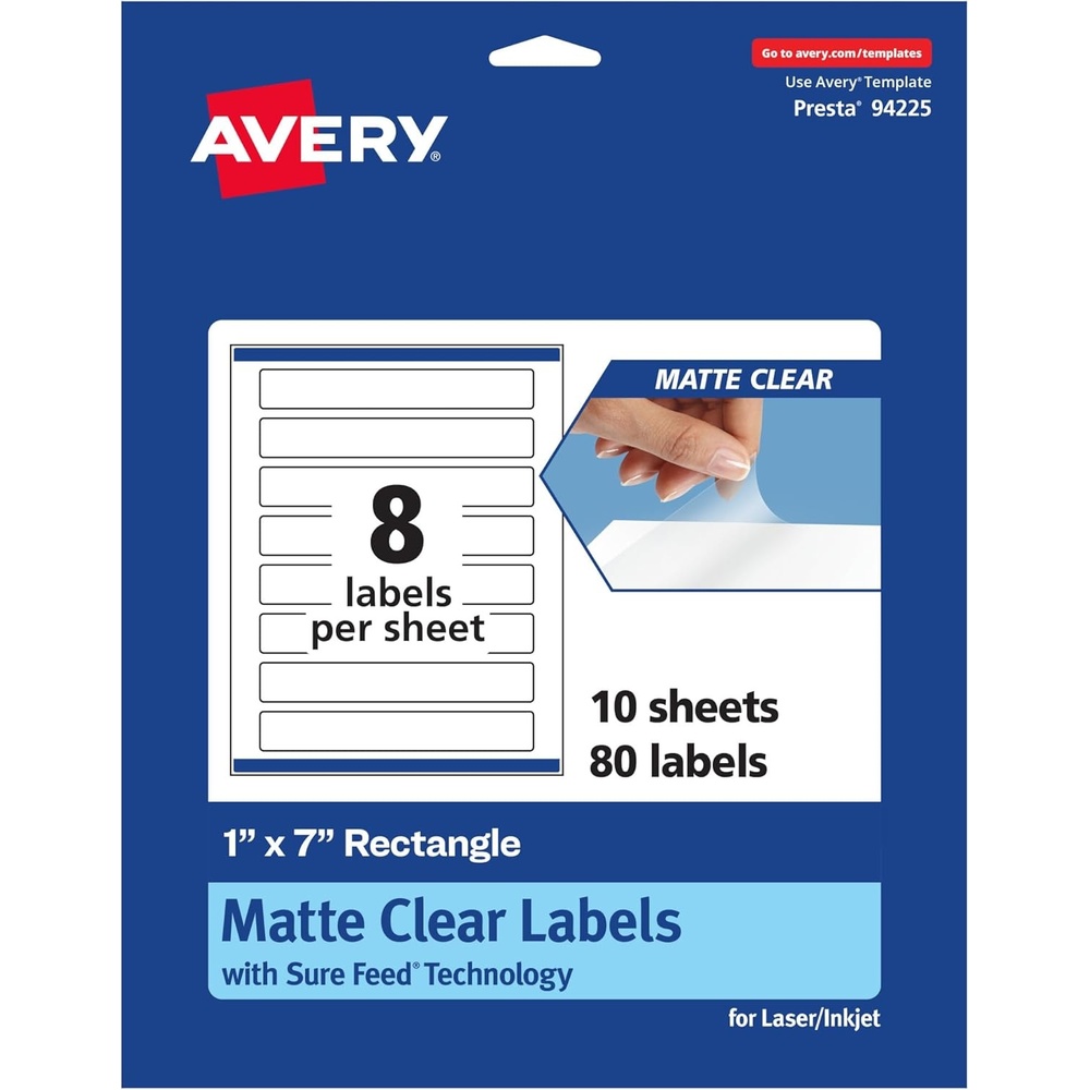image:imageAvery Matte Clear Rectangle Labels Sure Feed Technology 1 x 7 80 Matte Clear Labels PrinttoTheEdge LaserInkjet Printable80 labels