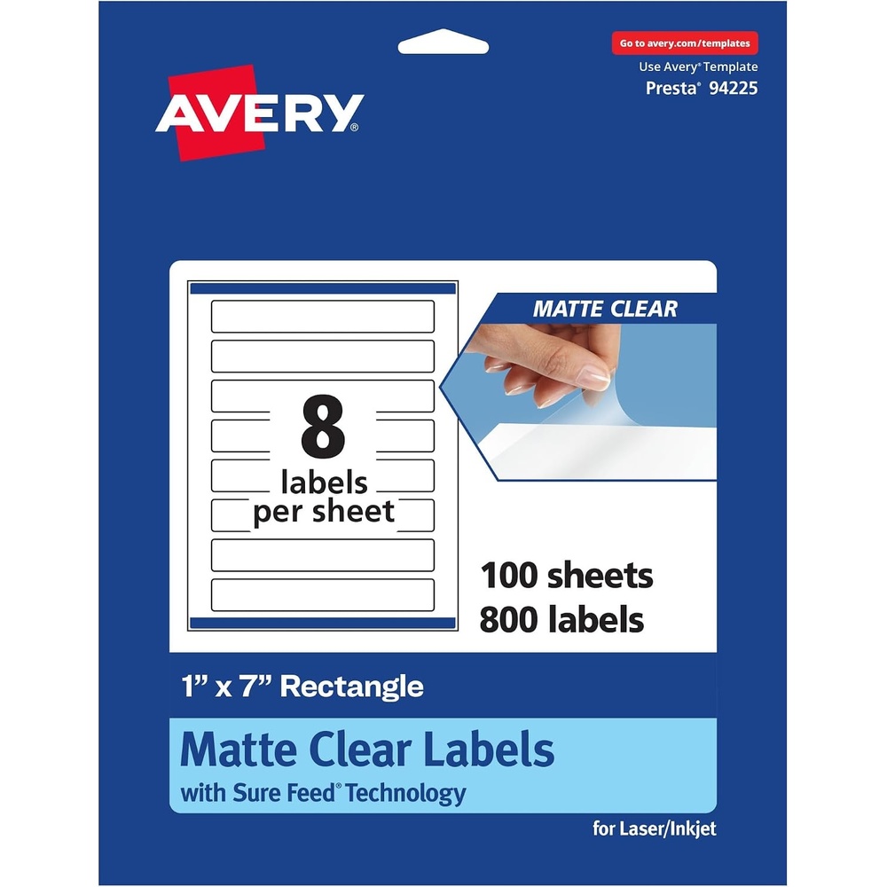 image:imageAvery Matte Clear Rectangle Labels Sure Feed Technology 1 x 7 80 Matte Clear Labels PrinttoTheEdge LaserInkjet Printable800 labels