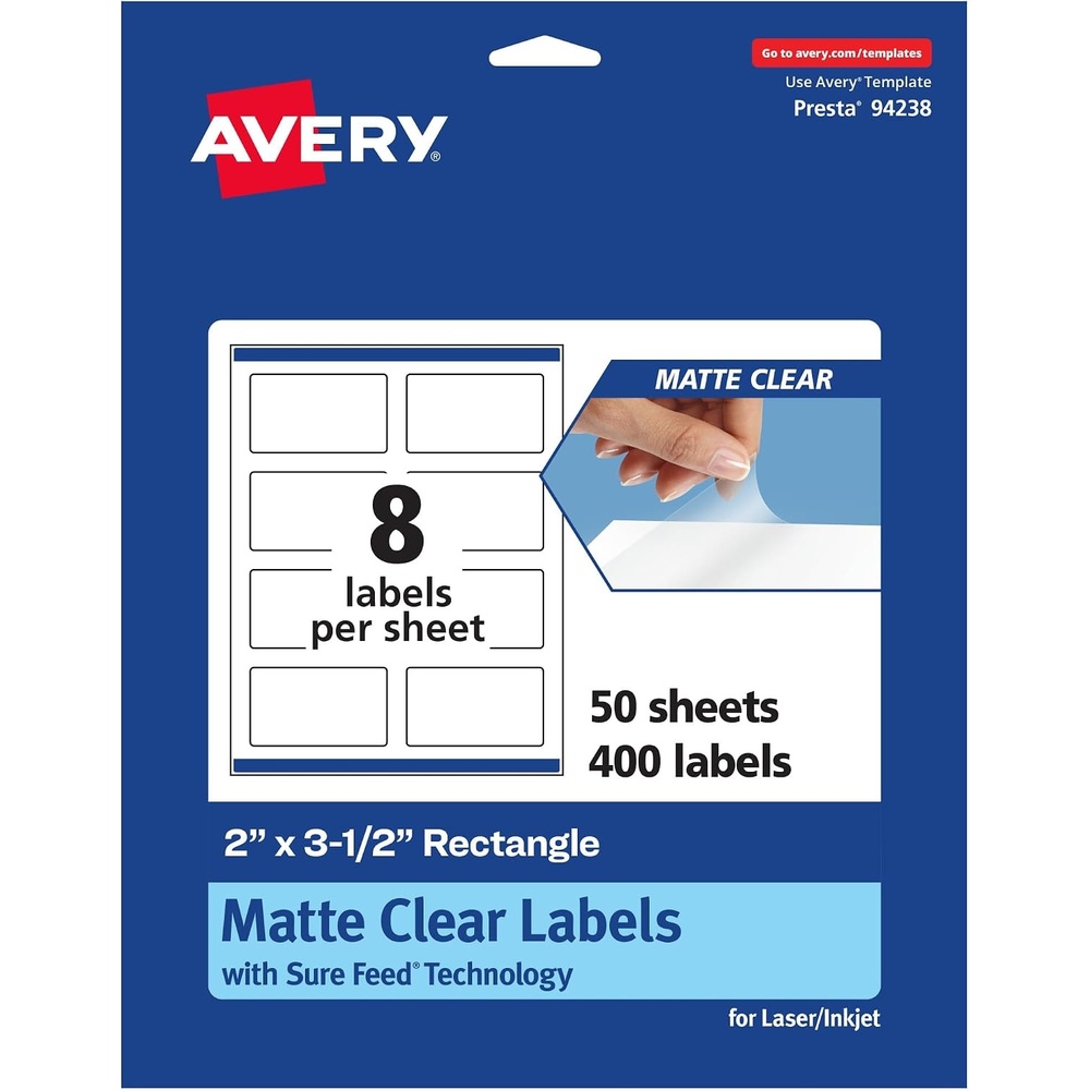 image:imageAvery Matte Clear Rectangle Labels Sure Feed Technology 2 x 35 80 Matte Clear Labels PrinttoTheEdge LaserInkjet Printable400 labels
