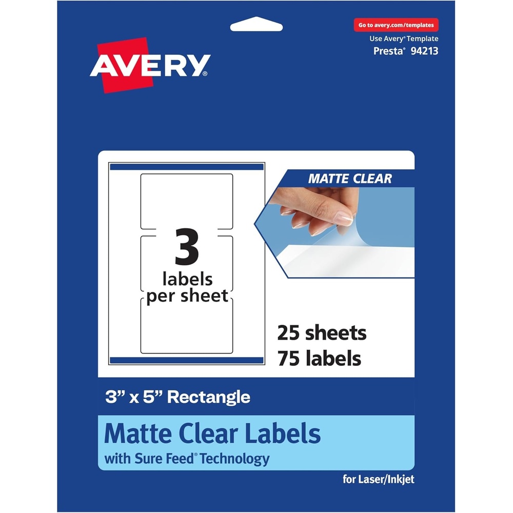 image:imageAvery Matte Clear Rectangle Labels Sure Feed Technology 3 x 5 30 Matte Clear Labels PrinttoTheEdge LaserInkjet Printable75 labels