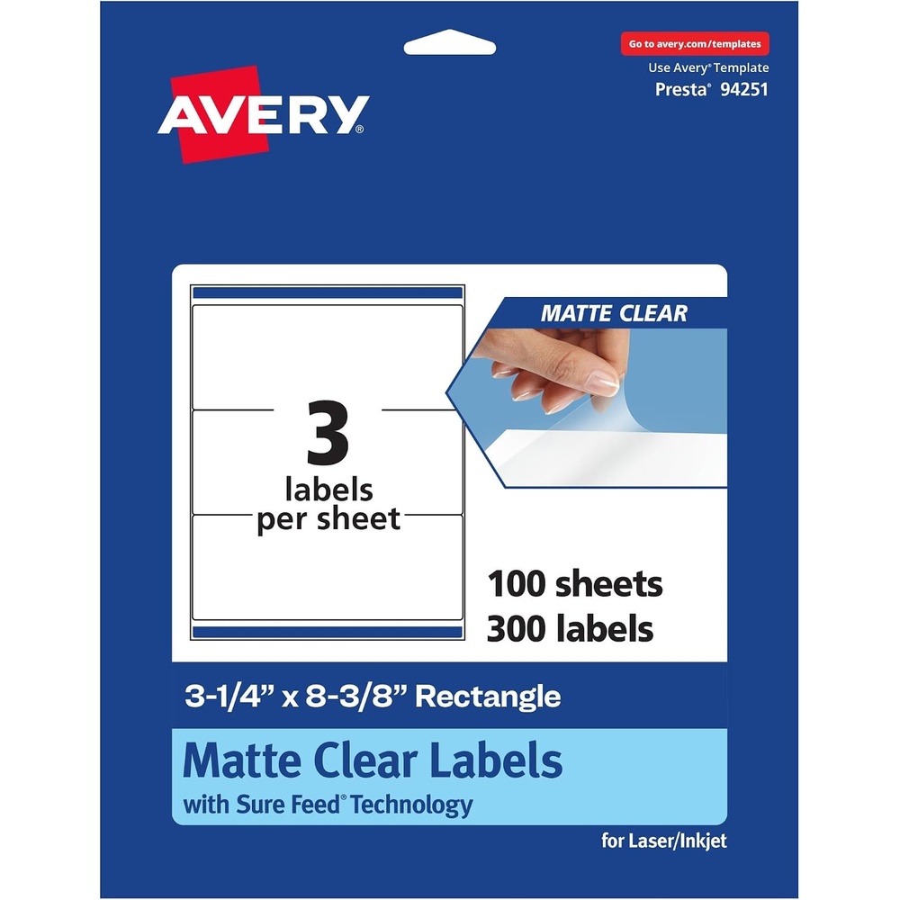 image:imageAvery Matte Clear Rectangle Labels Sure Feed Technology 314 x 838 150 Matte Clear Labels LaserInkjet Printable300 labels
