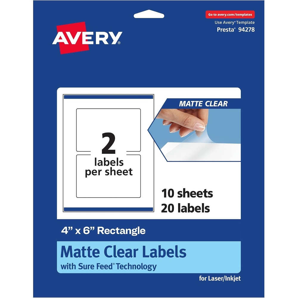 image:imageAvery Matte Clear Rectangle Labels Sure Feed Technology 4 x 6 50 Matte Clear Labels PrinttoTheEdge LaserInkjet Printable20 labels
