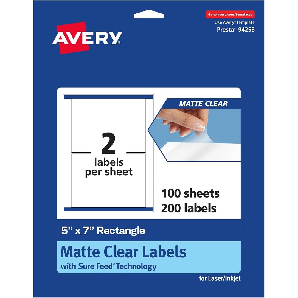 image:imageAvery Matte Clear Rectangle Labels Sure Feed Technology 5 x 7 20 Matte Clear Labels LaserInkjet Printable200 labels