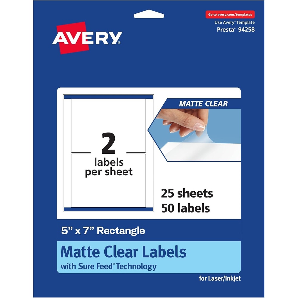 image:imageAvery Matte Clear Rectangle Labels Sure Feed Technology 5 x 7 20 Matte Clear Labels LaserInkjet Printable50 labels