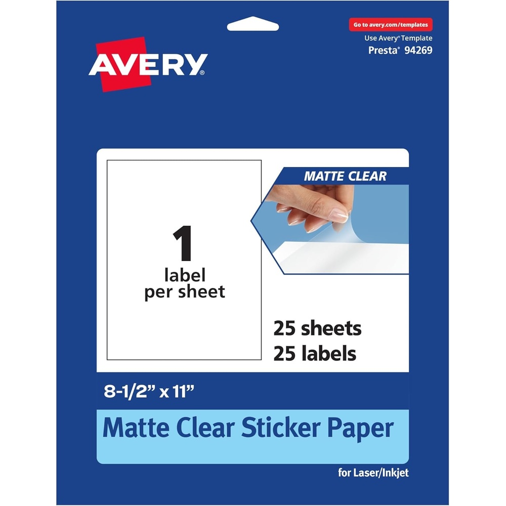 image:imageAvery Matte Clear Rectangle Sticker Sheets 85 x 11 25 Matte Clear Labels LaserInkjet Printable Labels25 labels