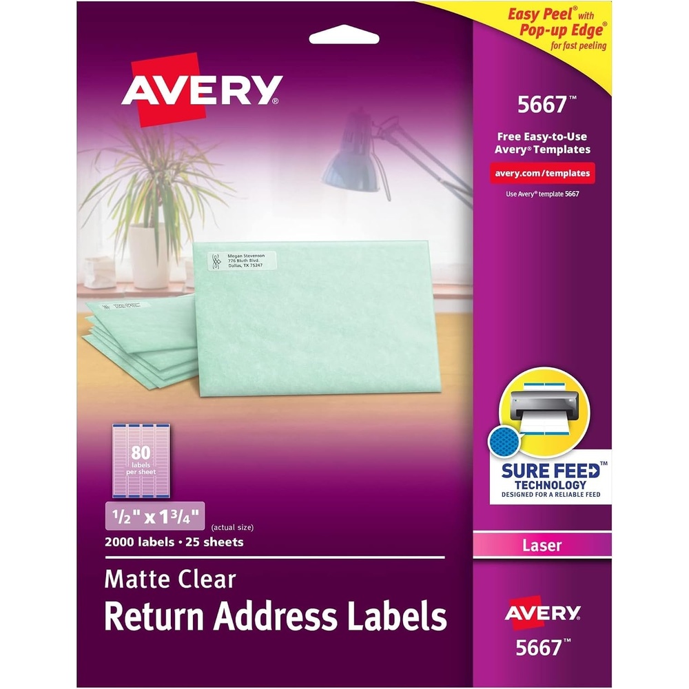 image:imageAvery Matte Clear Return Address Labels Sure Feed Technology Laser 12 x 134 2000 Labels 5 Packs 566712 inch  134 inch Pack of 5