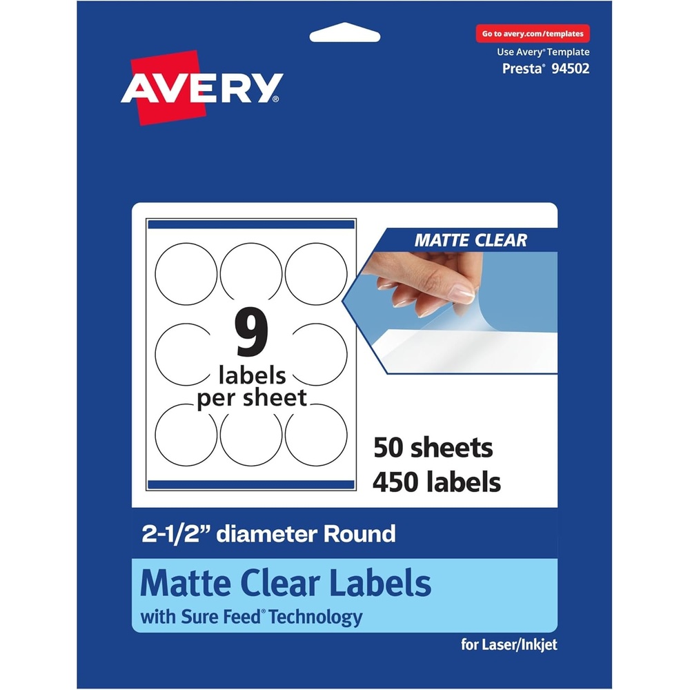 image:imageAvery Matte Clear Round Labels Sure Feed Technology 25 Diameter 90 Matte Clear Labels PrinttoTheEdge LaserInkjet Printable450 labels