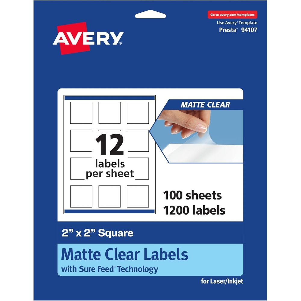 image:imageAvery Matte Clear Square Labels Sure Feed Technology 2 x 2 120 Matte Clear Labels PrinttoTheEdge LaserInkjet Printable1 200 labels