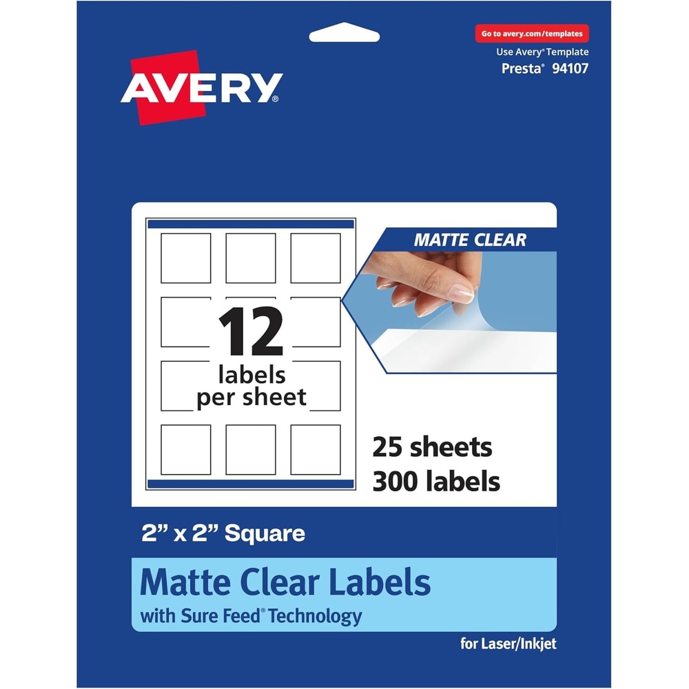 image:imageAvery Matte Clear Square Labels Sure Feed Technology 2 x 2 120 Matte Clear Labels PrinttoTheEdge LaserInkjet Printable300 labels