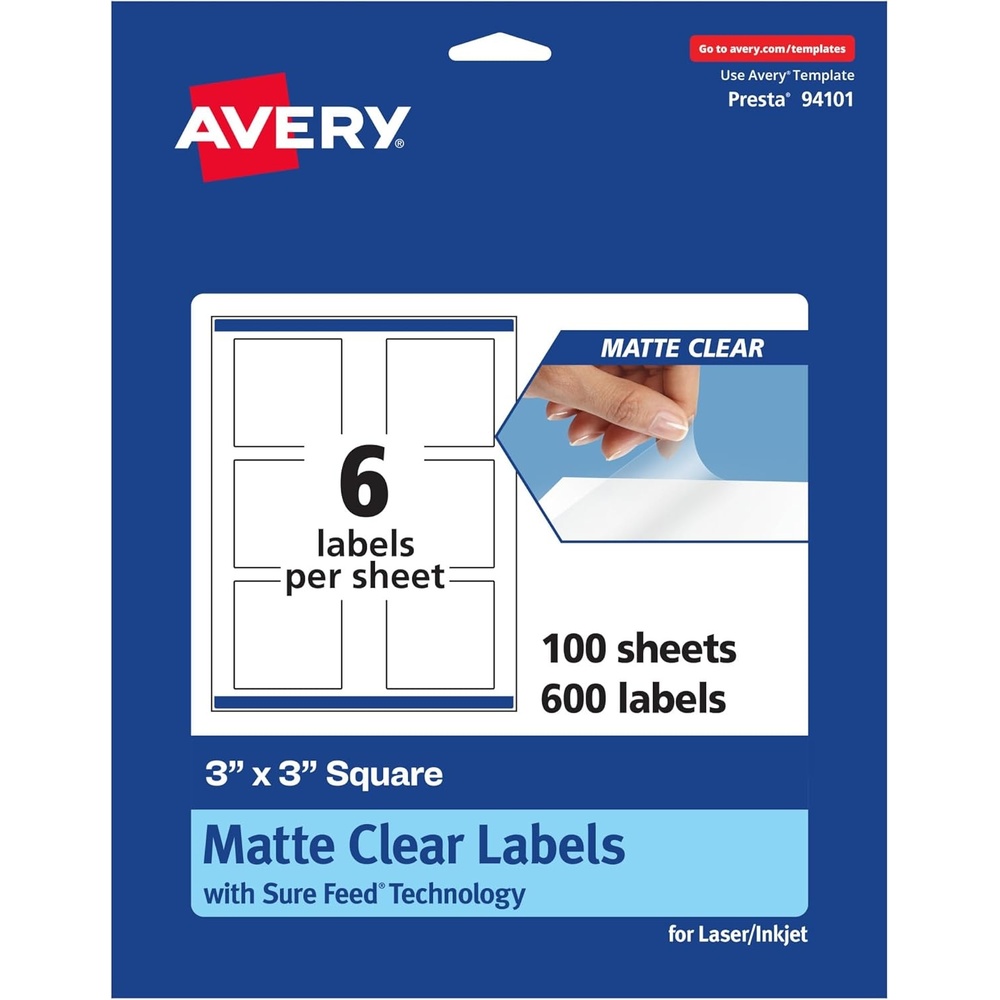 image:imageAvery Matte Clear Square Labels Sure Feed Technology 3 x 3 60 Matte Clear Labels PrinttoTheEdge LaserInkjet Printable600 labels