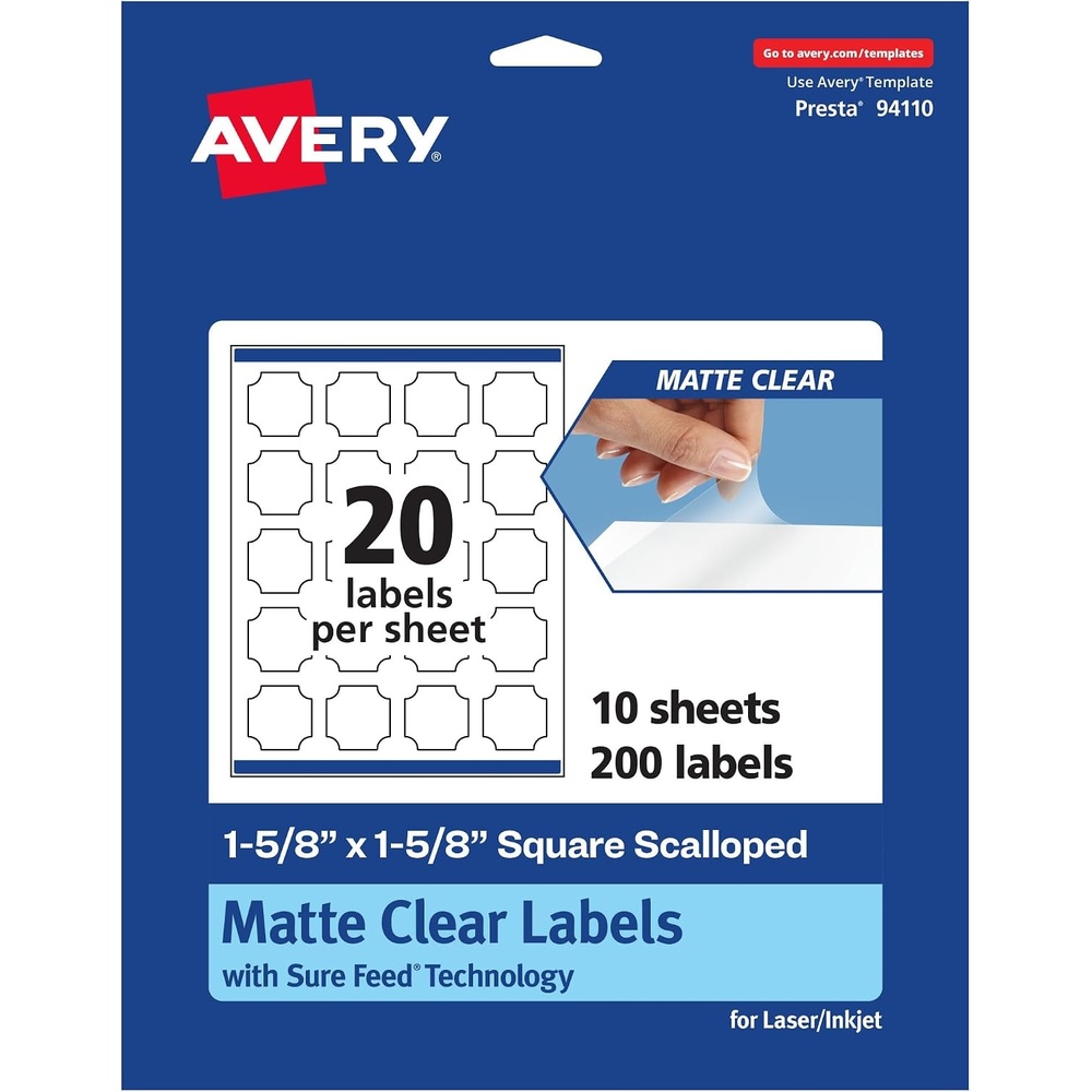 image:imageAvery Matte Clear Square Scalloped Labels Sure Feed Technology 158 x 158 200 Matte Clear Labels PrinttoTheEdge LaserInkjet Printable200 labels
