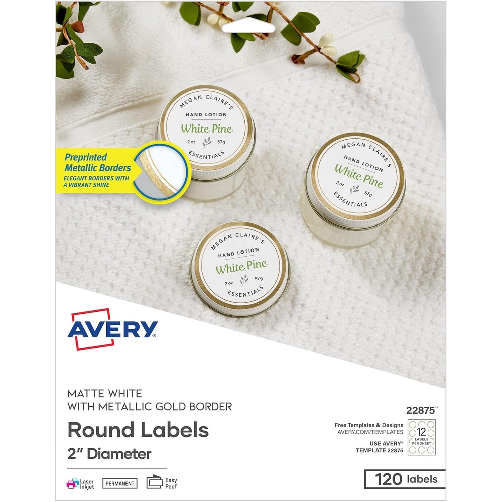 image:imageAvery Matte White Labels Metallic Gold Borders 3 Round Labels 60 Total LaserInkjet Printable 6544120 labels