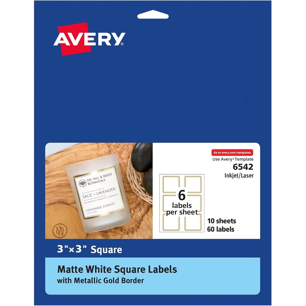 image:imageAvery Matte White Labels Metallic Gold Borders 3 x 3 Square Labels 60 Total LaserInkjet Printable 65420