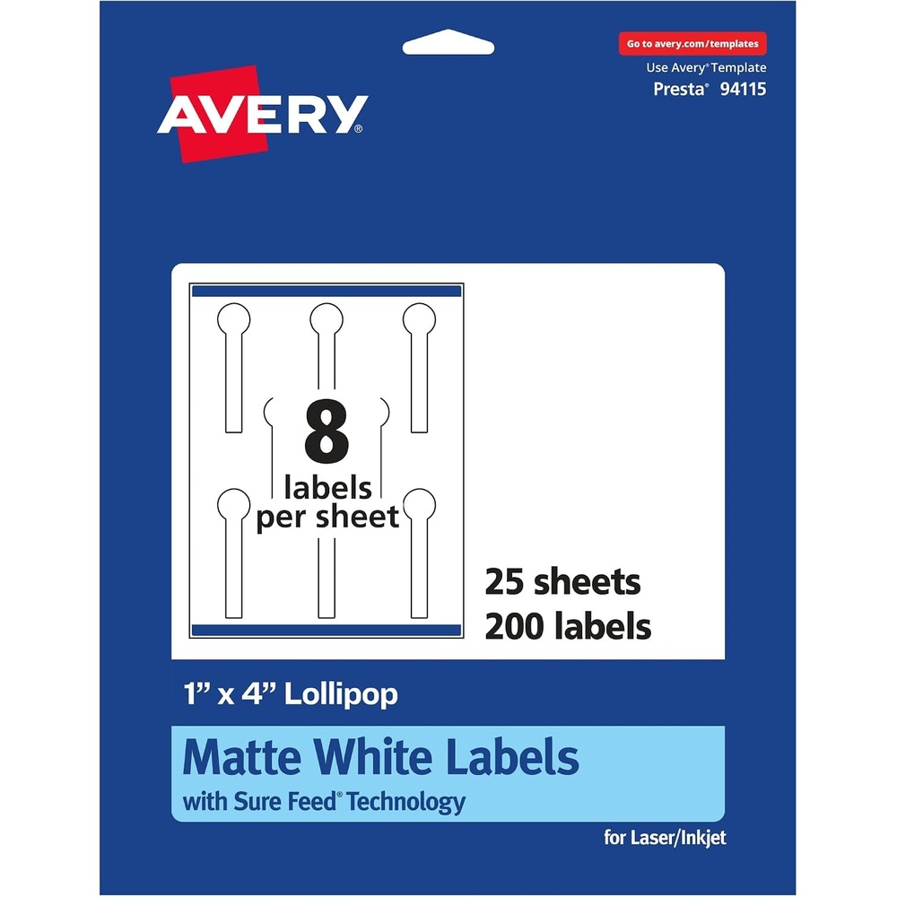image:imageAvery Matte White Lollipop Labels Sure Feed Technology 1 x 4 200 White Labels PrinttoTheEdge Permanent Adhesive LaserInkjet Printable200 labels