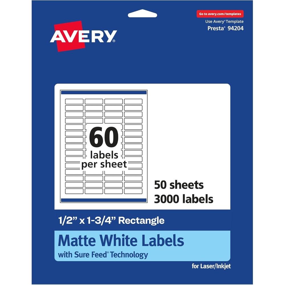 image:imageAvery Matte White Rectangle Labels Sure Feed Technology 05 x 175 1500 Matte White Printable Labels3 000 Labels