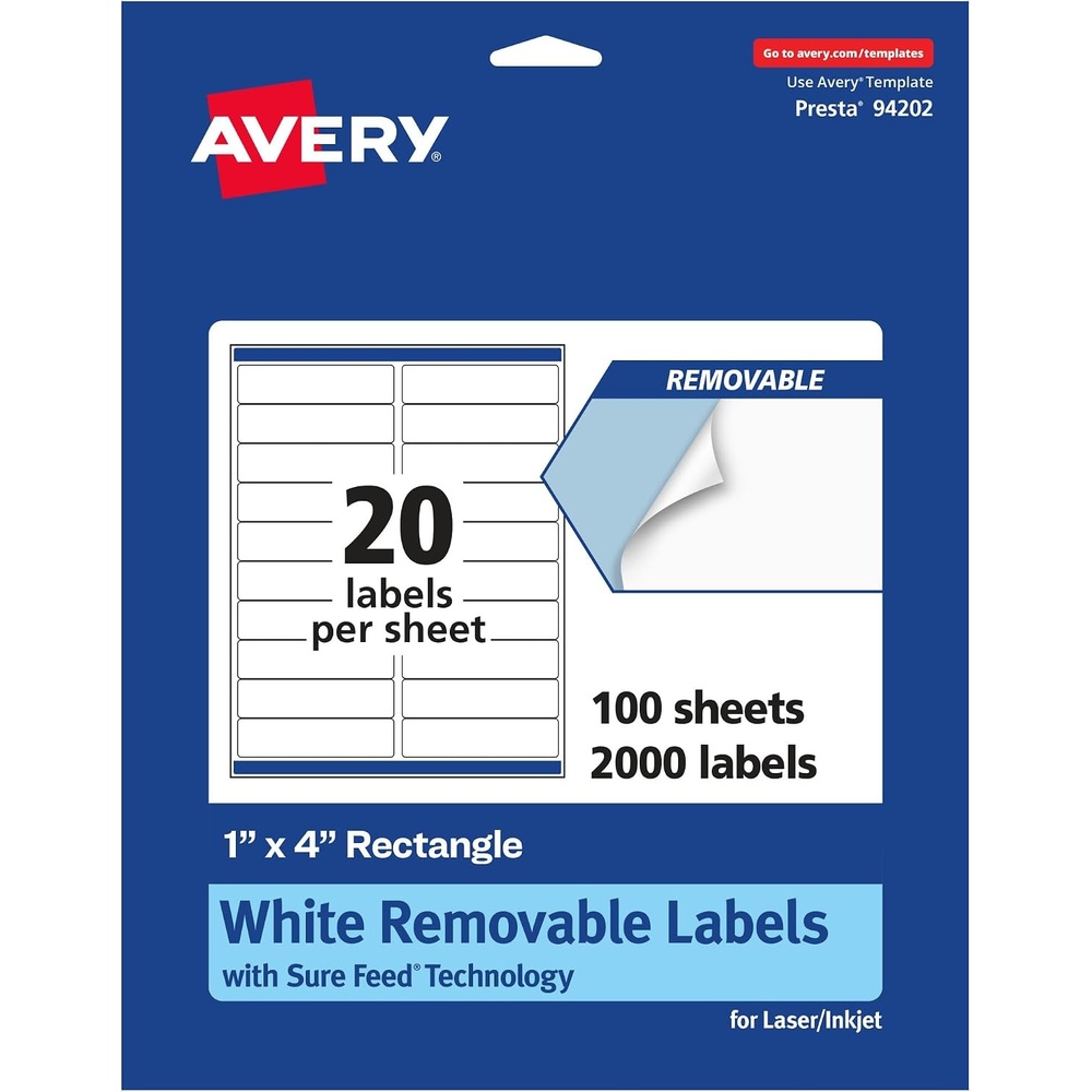 image:imageAvery Matte White Removable Rectangle Labels Sure Feed Technology 1 x 4 300 Removable Labels LaserInkjet Printable2 000 labels