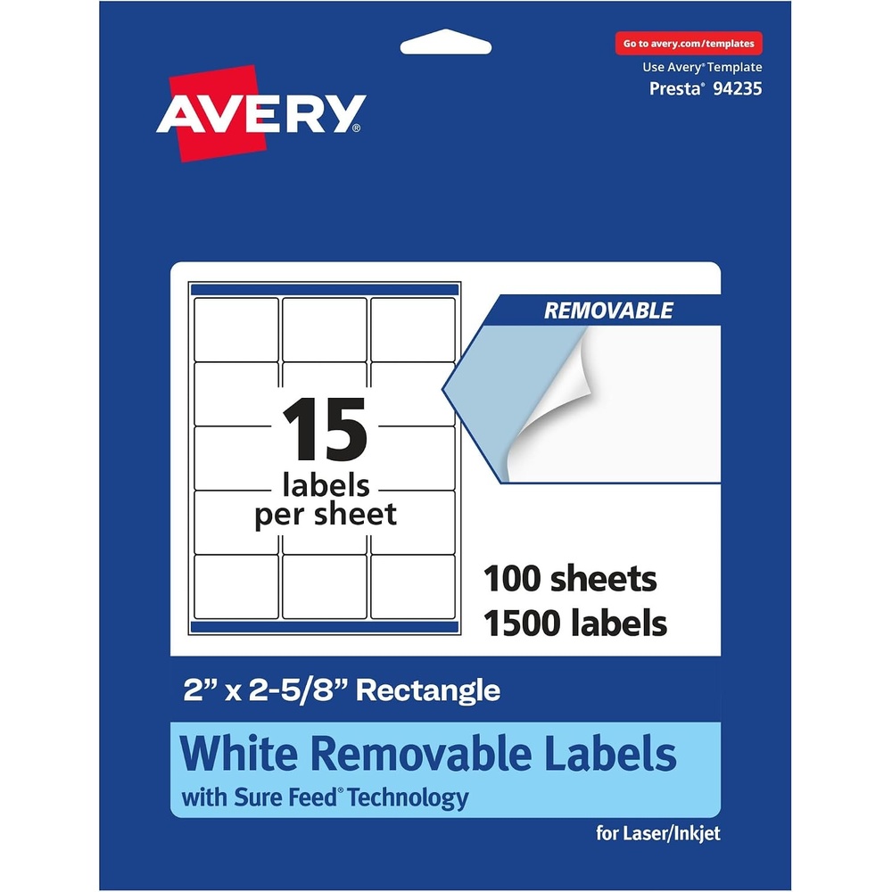 image:imageAvery Matte White Removable Rectangle Labels Sure Feed Technology 2 x 258 1500 Removable Labels LaserInkjet Printable1 500 labels