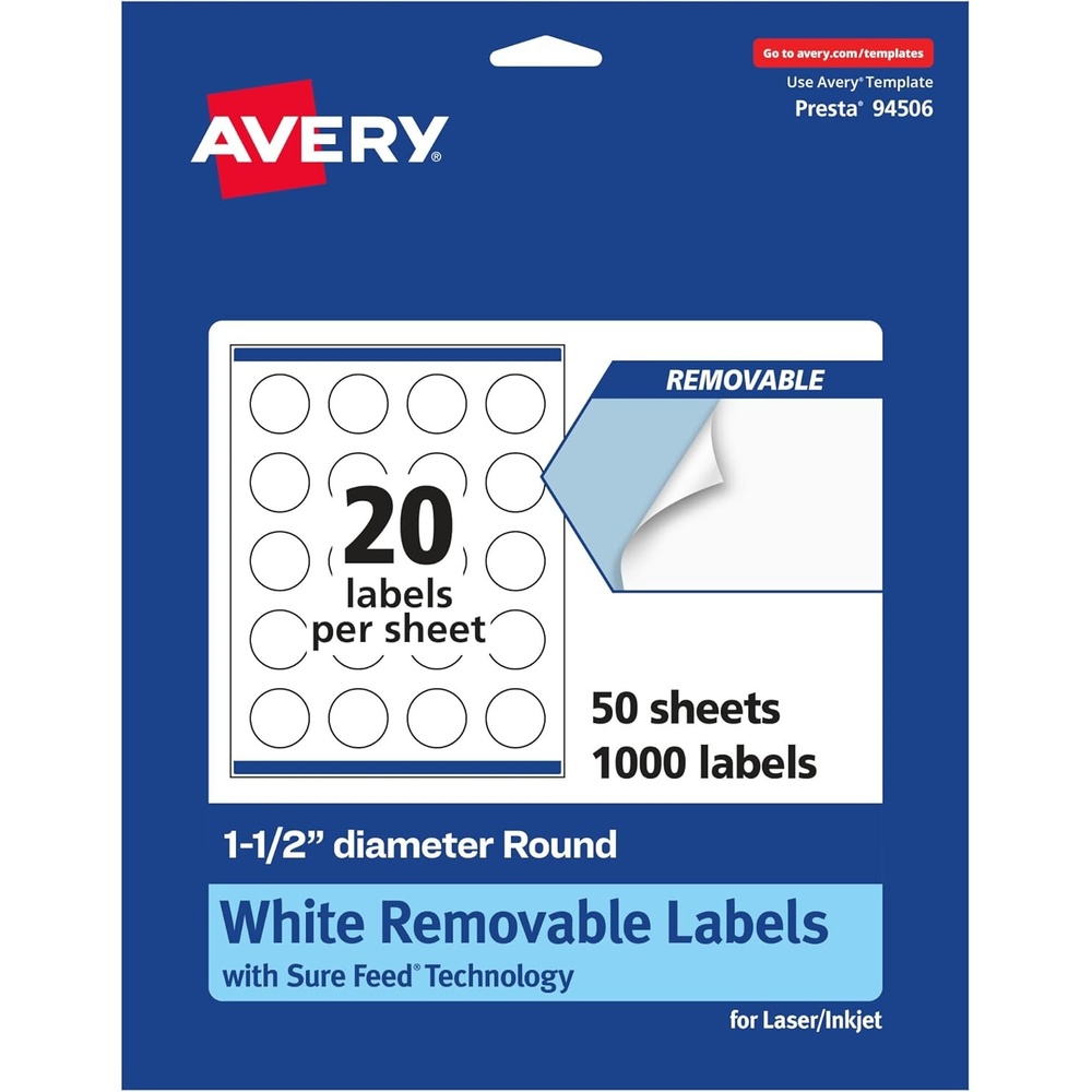 image:imageAvery Matte White Removable Round Labels with Sure Feed Technology 15 Diameter 300 Labels LaserInkjet Printable1 000 labels