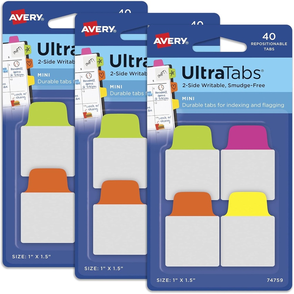 image:imageAvery Mini Ultra Tabs 1 x 15 2Side Writable Assorted Neon Colors Repositionable Tabs 40 Per Pack 120 Total 3Pack of 74759