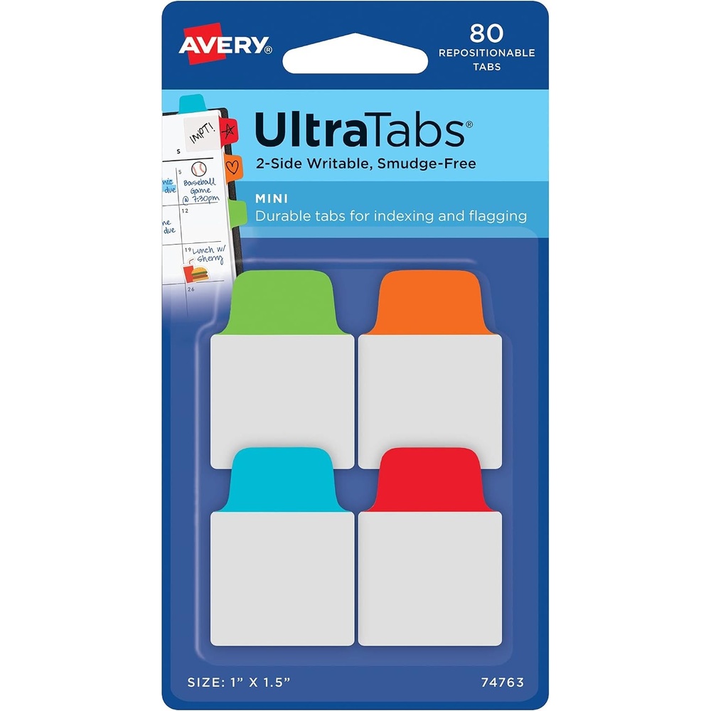 image:imageAvery Mini Ultra Tabs 1 x 15 2Side Writable Assorted Primary Colors 80 Repositionable Tabs 74763