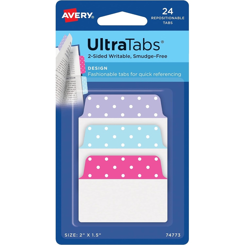 image:imageAvery Multiuse Ultra Tabs 2 x 15 2Side Writable RedBlueGreen 48 Repositionable Tabs 74757Assorted Pastel Dots