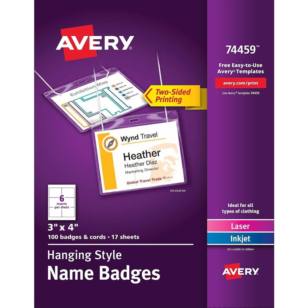 image:imageAvery Name Badges with Lanyards Print or Write 3 x 4 Badge Holders amp Lanyards 100 Inserts 74459