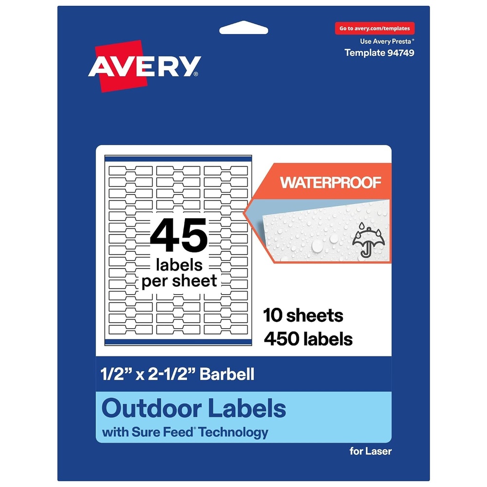 image:imageAvery Outdoor Waterproof Barbell Labels with Sure Feed Technology 05 x 25 White Film Compatible with Laser Printers 450 Labels Total Great for Product Branding Packaging and More450 labels