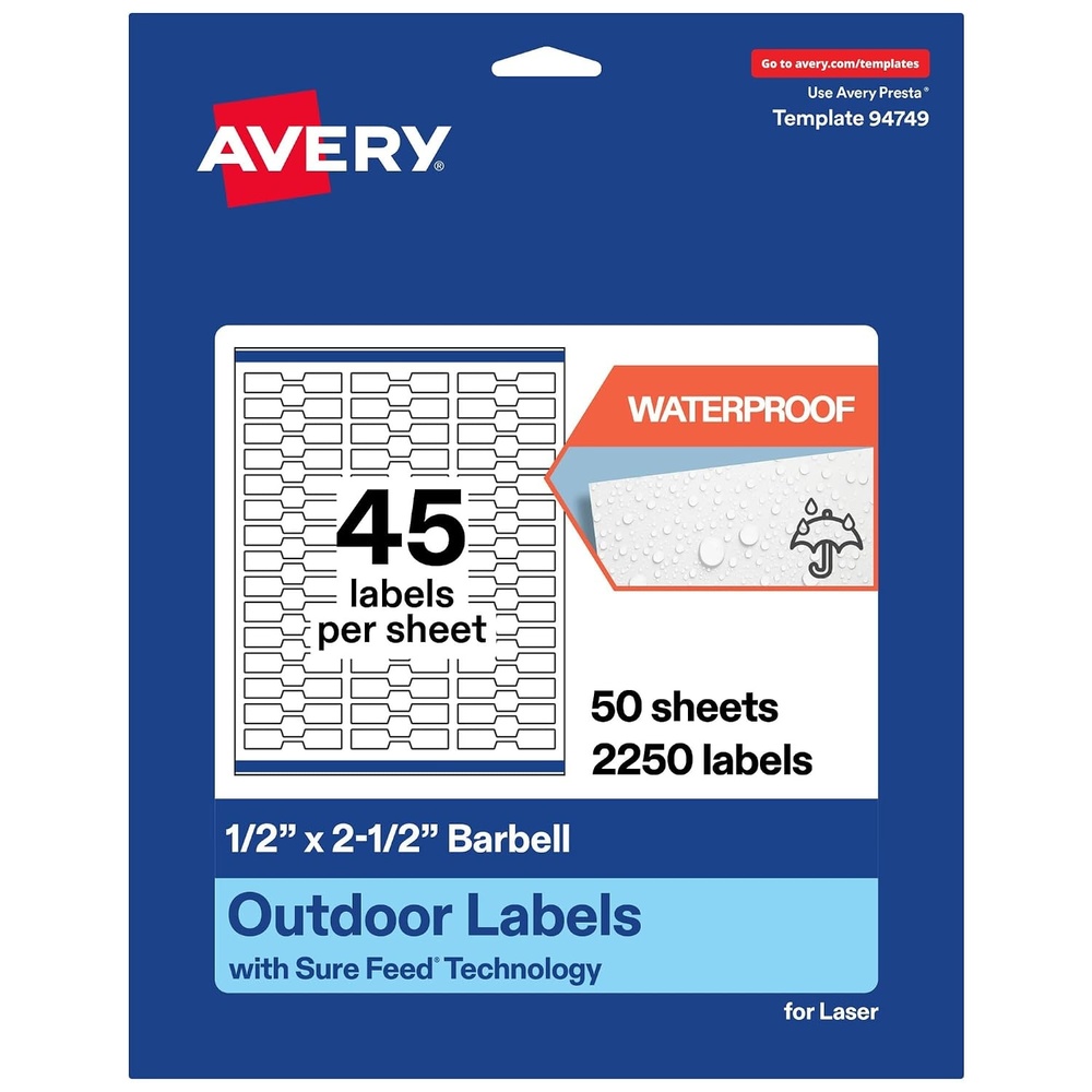 image:imageAvery Outdoor Waterproof Barbell Labels with Sure Feed Technology 05 x 25 White Film Compatible with Laser Printers 450 Labels Total Great for Product Branding Packaging and More2 250 labels