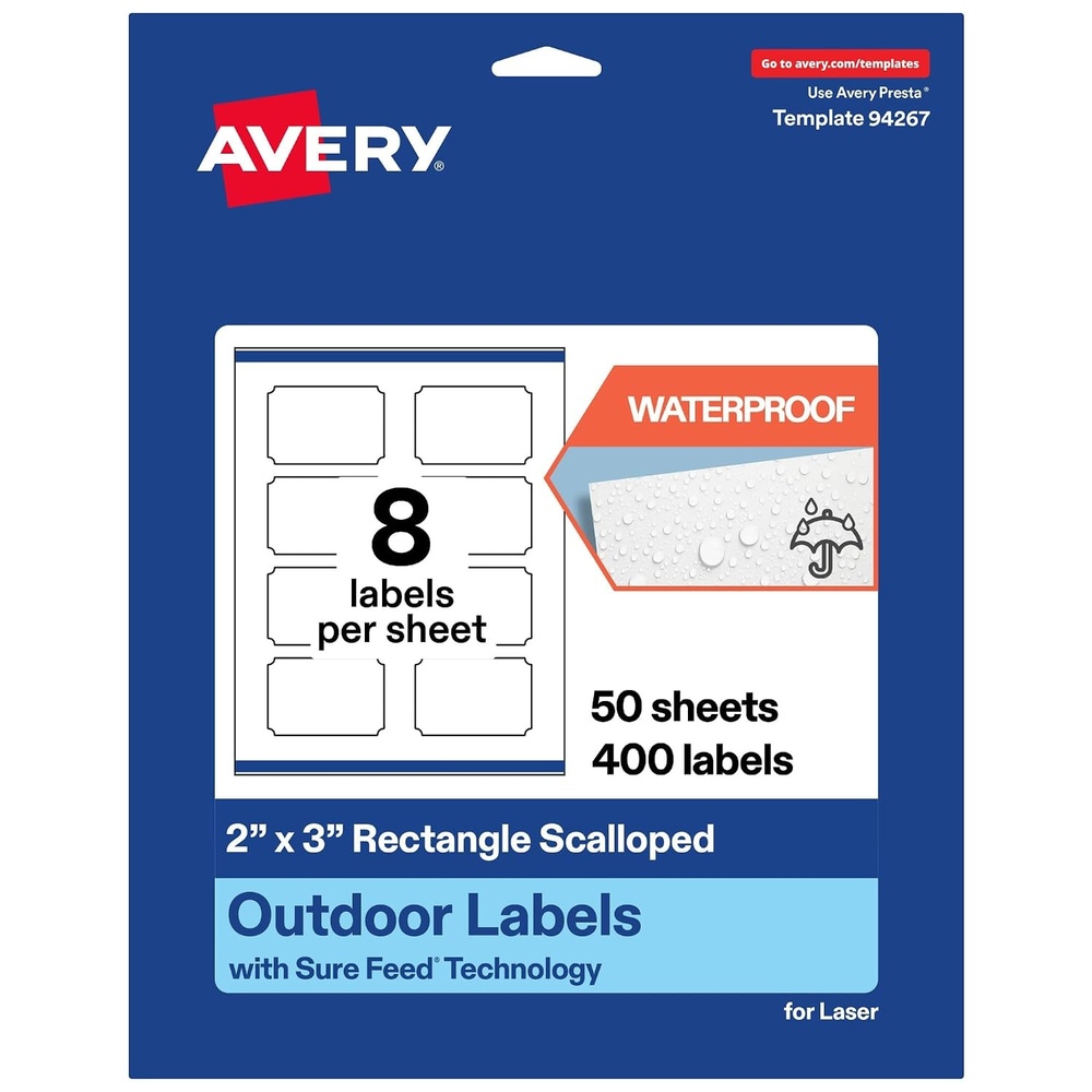 image:imageAvery Outdoor Waterproof Rectangle Scalloped Labels with Sure Feed Technology 2 x 3 White Film PrinttotheEdge Compatible with Laser Printers 80 Labels Total400 labels