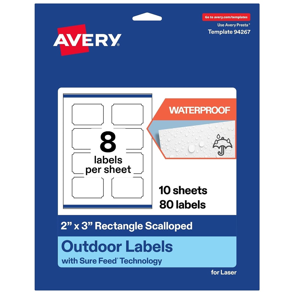 image:imageAvery Outdoor Waterproof Rectangle Scalloped Labels with Sure Feed Technology 2 x 3 White Film PrinttotheEdge Compatible with Laser Printers 80 Labels Total80 labels