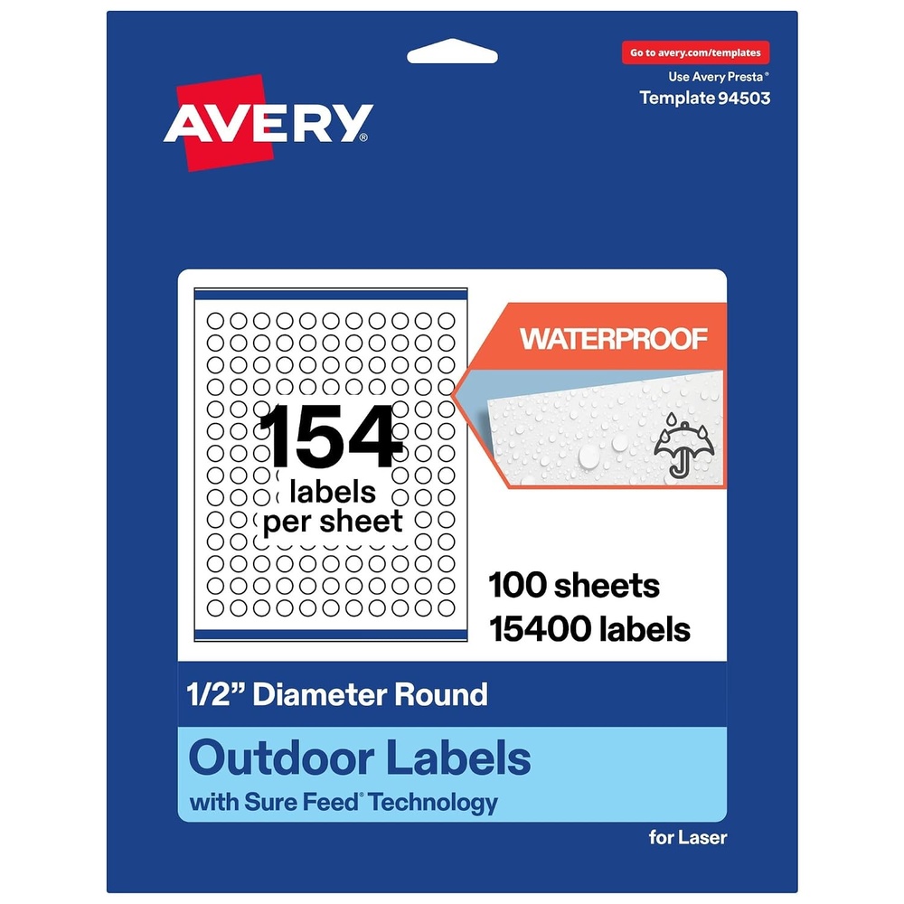 image:imageAvery Outdoor Waterproof Round Labels with Sure Feed Technology 05 Diameter White Film PrinttoTheEdge Compatible with Laser Printers 3850 Labels Total15 400 labels