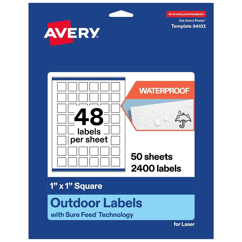 image:imageAvery Outdoor Waterproof Square Labels with Sure Feed Technology 1 x 1 White Film PrinttotheEdge Compatible with Laser Printers 1200 Labels Total2 400 labels