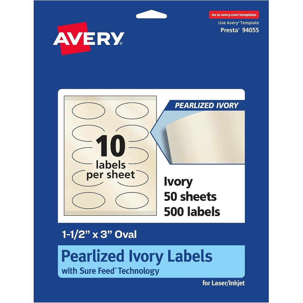 image:imageAvery Pearlized Ivory Oval Labels Sure Feed Technology PrinttoTheEdge 15 x 3 500 Pearlized Ivory Labels LaserInkjet Printable500 labels