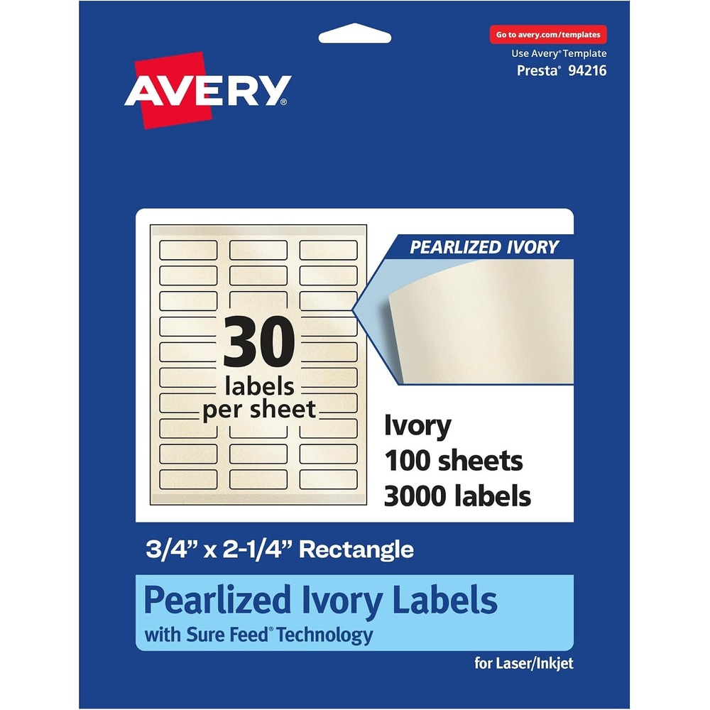 image:imageAvery Pearlized Ivory Rectangle Labels Sure Feed Technology PrinttoTheEdge 075 x 225 300 Pearlized Ivory Labels LaserInkjet Printable3 000 labels