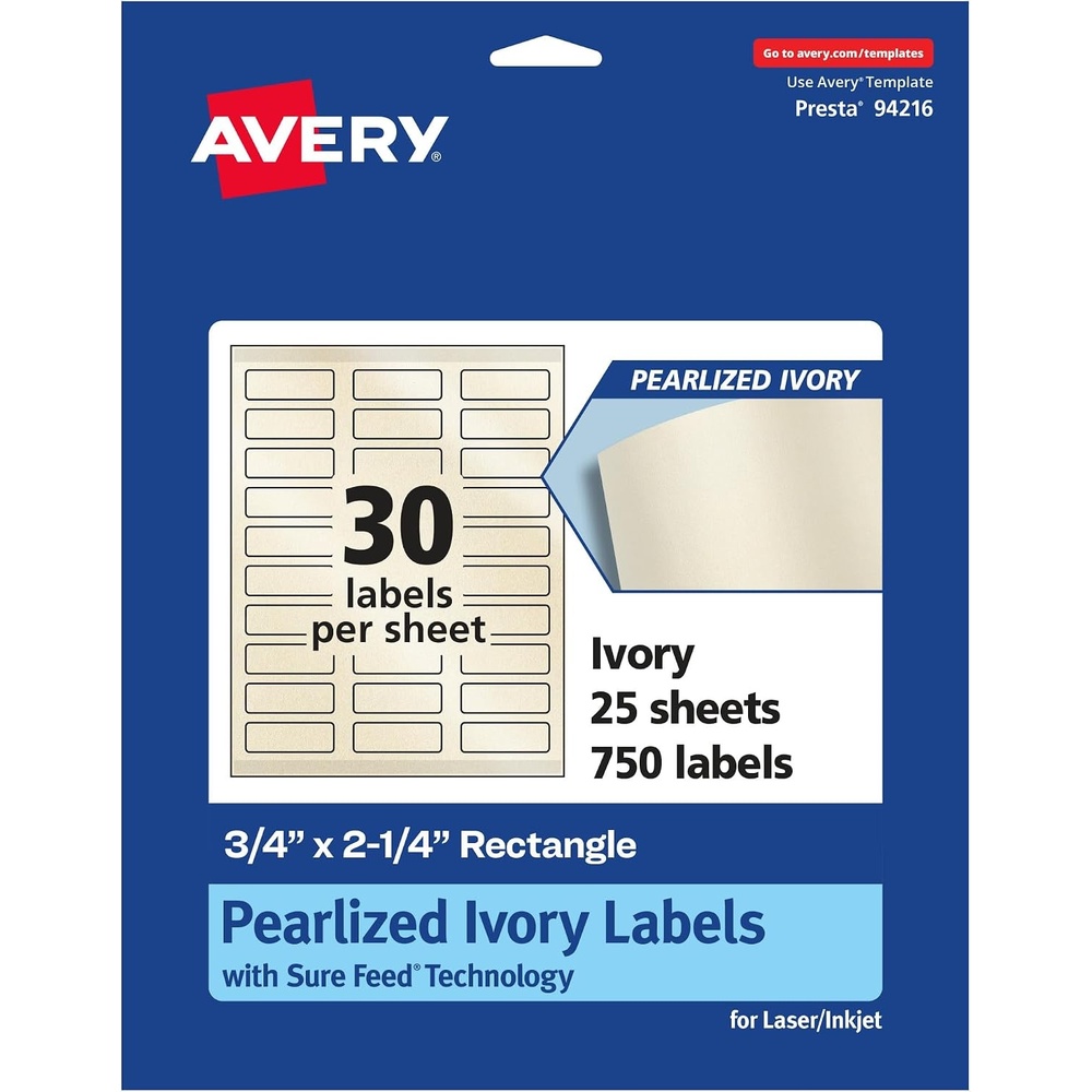 image:imageAvery Pearlized Ivory Rectangle Labels Sure Feed Technology PrinttoTheEdge 075 x 225 300 Pearlized Ivory Labels LaserInkjet Printable750 labels
