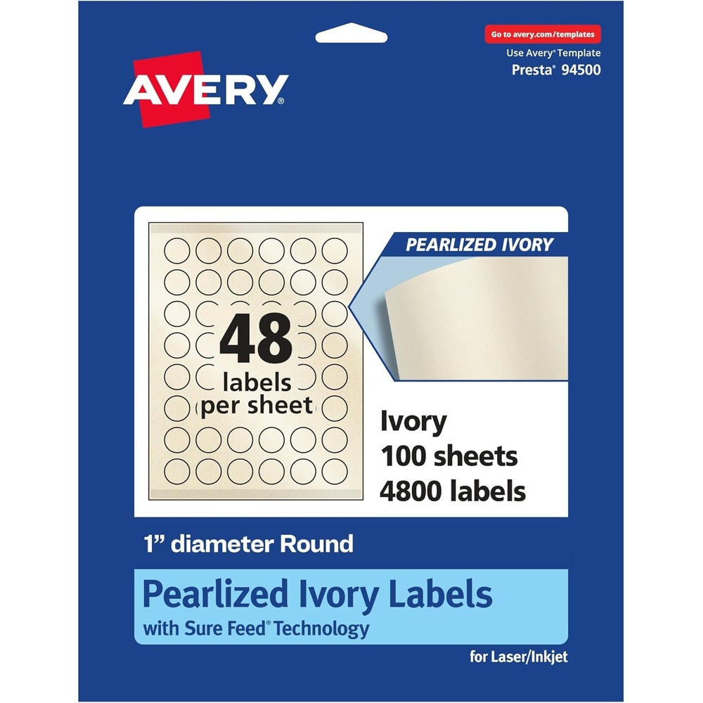 image:imageAvery Pearlized Ivory Round Labels Sure Feed Technology PrinttoTheEdge 1 Diameter 480 Pearlized Ivory Labels LaserInkjet Printable4 800 labels