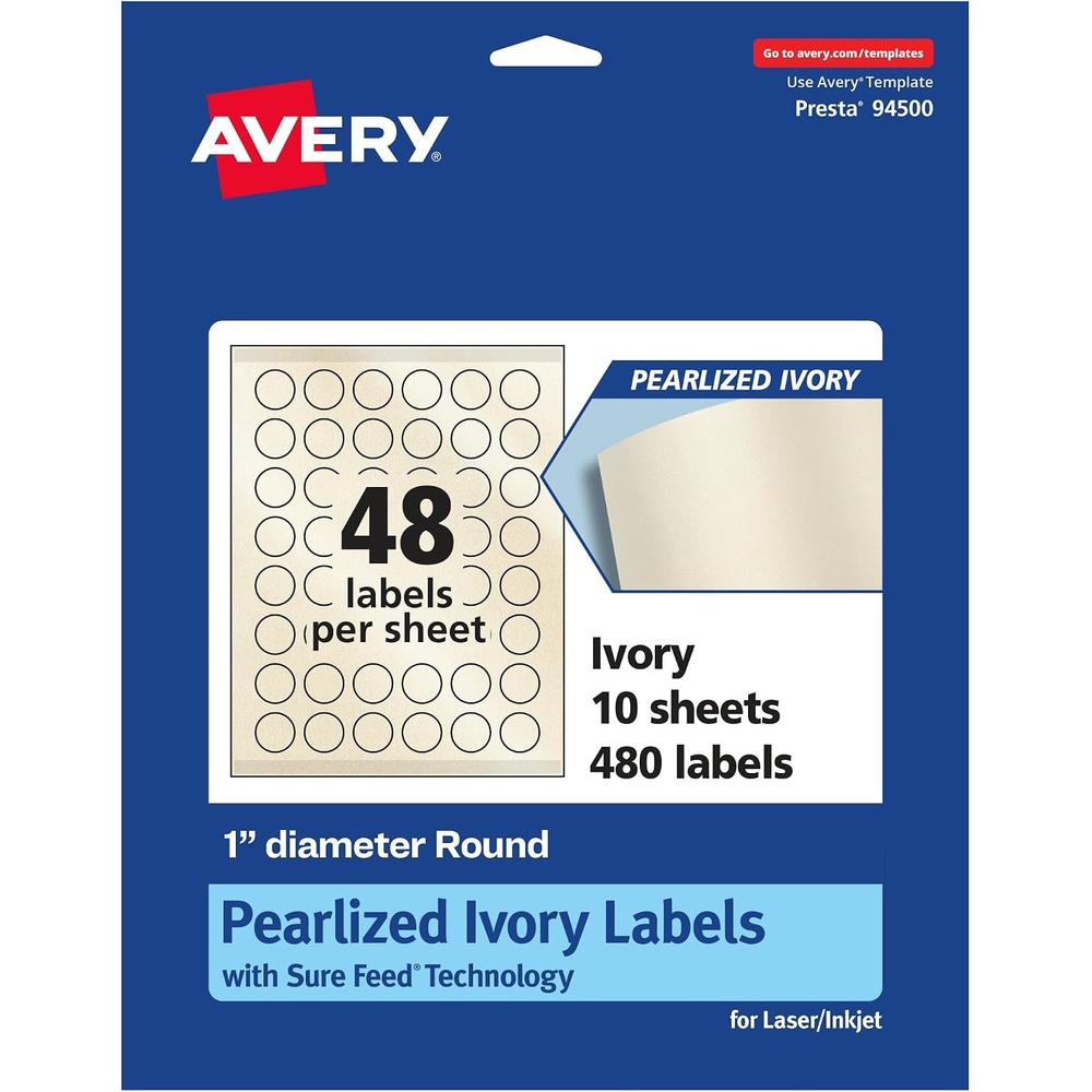 image:imageAvery Pearlized Ivory Round Labels Sure Feed Technology PrinttoTheEdge 1 Diameter 480 Pearlized Ivory Labels LaserInkjet Printable480 labels