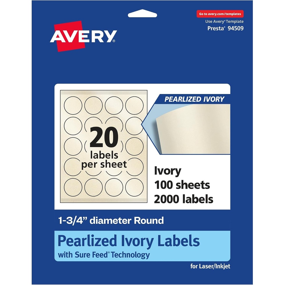 image:imageAvery Pearlized Ivory Round Labels Sure Feed Technology PrinttoTheEdge 175 Diameter 200 Pearlized Ivory Labels LaserInkjet Printable2 000 labels
