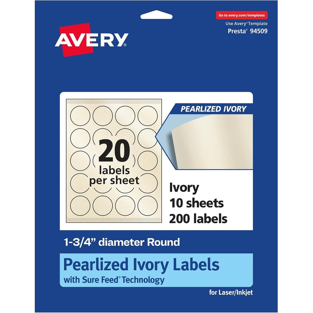 image:imageAvery Pearlized Ivory Round Labels Sure Feed Technology PrinttoTheEdge 175 Diameter 200 Pearlized Ivory Labels LaserInkjet Printable200 labels